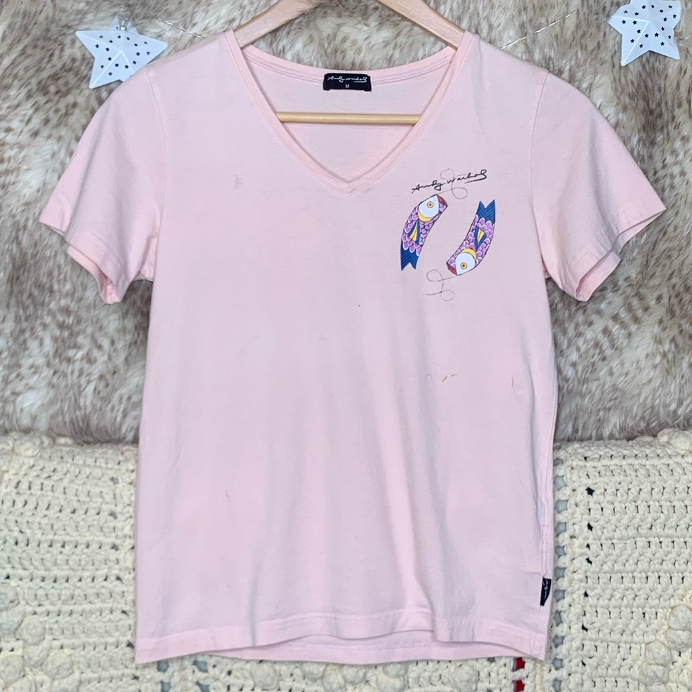 Andy Warhol Pink V-Neck Fish Graphic T-Shirt